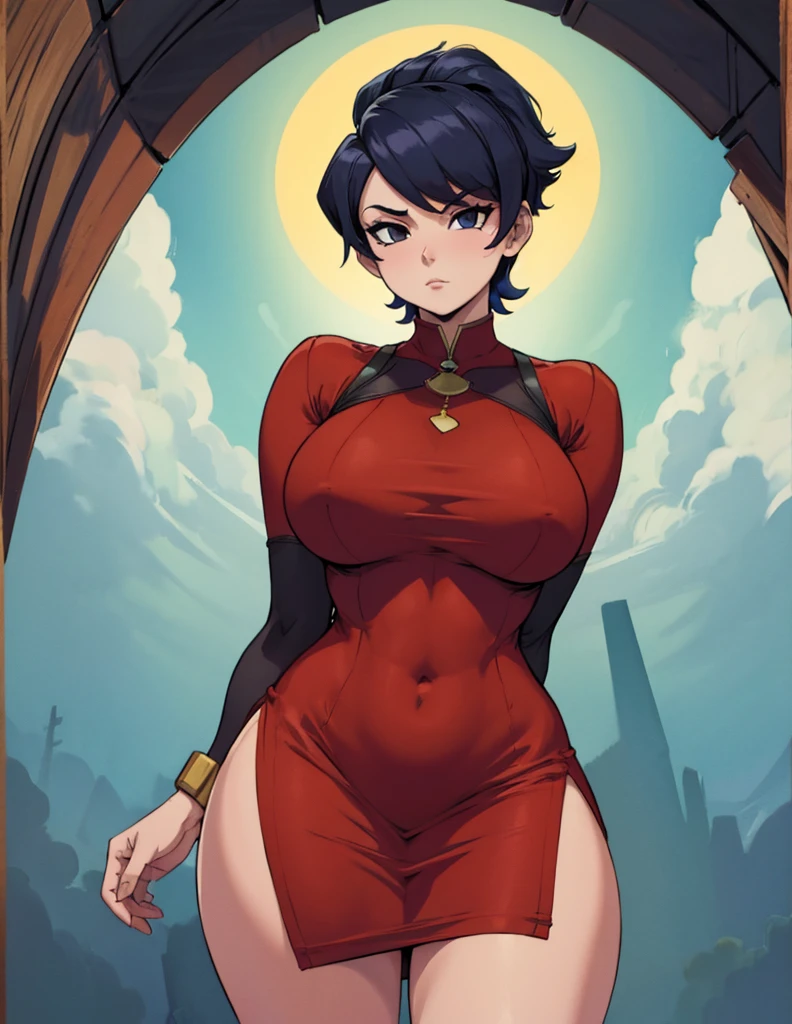 una caricatura de una mujer con un vestido rojo y un bocadillo sobre su cabeza, oppai, Proporciones de Oppai, pechos grandes!!, con pechos grandes, pechos grandes!, en vestido, grueso, succubus in short tight dress, chica anime seductora, Tracer in a tight dress., escote, pechos grandes, con pechos grandes