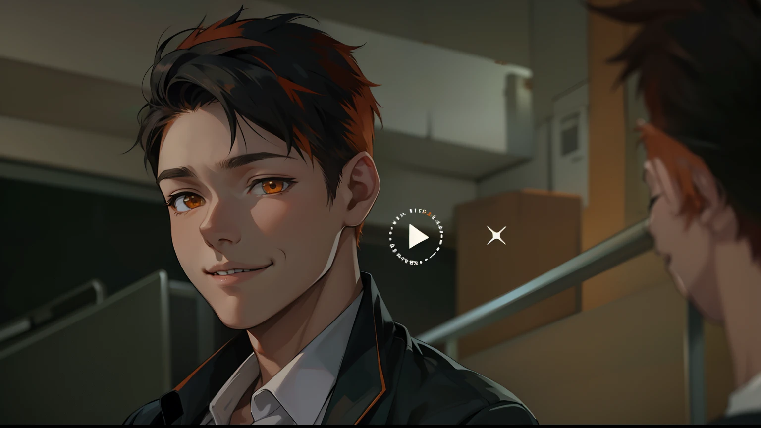 (estilo anime 2d plano)cute 16 year old boy sad smile orange eyes orange hair