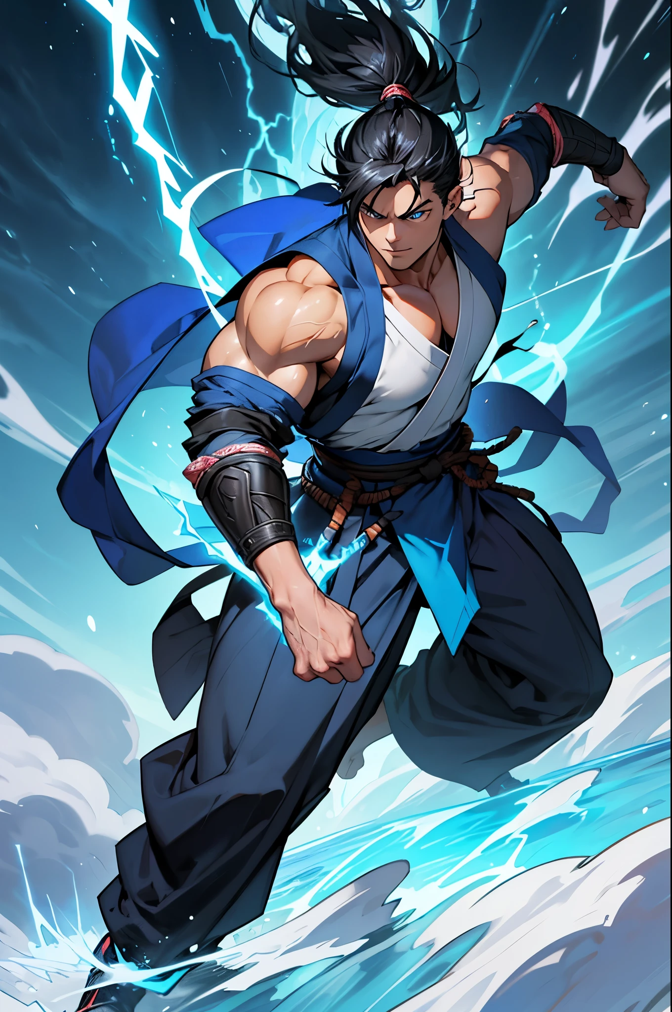 Create a full-body fantasy illustration of Takumi Sato (Raijin). He stands athletic and muscular, wearing modernized samurai armor: black metal plates with electric blue lightning details, a fitted hakama, and a sleeveless jacket allowing free movement. His wild, disordered black hair and electric blue eyes reflect his dynamic and powerful presence. Surround him with an aura of electric, stormy energy, with flashes of lightning and thunder and a bright blue glow to highlight his formidable and elemental power.