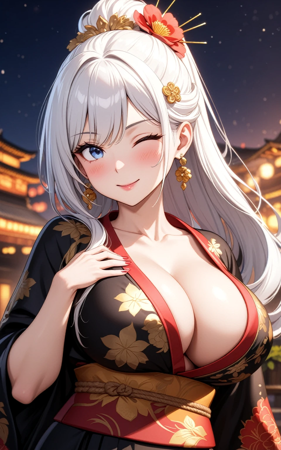 ((one personの女性)), Beautiful Face,Expressions of embarrassment and kindness,Laugh shyly,((Wink:2.0)),turn bright red,Glossy pink lips,night,Fireworks mountain((Anime style background)),masterpiece, highest quality, so beautiful, up to date, Complex details, (Pink long nails),AI-generated, Complex,High resolution, highest quality, super high quality,3D Images、View your audience、3D Images,one person,Long white hair,High Ponytail,blue eyes,Anime woman posing for a photo, [[Fine grain、Colorful eyes、Shining Eyes:1.15]],(Squint your eyes:1.1),a hyperRealistic , hyperRealistic , Realistic,Long haired white haired anime woman, Smooth anime CG art, A woman in a colorful kimono with gold embroidery, (Black kimono),Red floral pattern,Long flower hair ornament,Big earrings,(Big Breasts:1.2),Mature Body,expensive,Big Ass,Fine details,Tight waist,Abdominal muscles,(Face close-up:1.5),