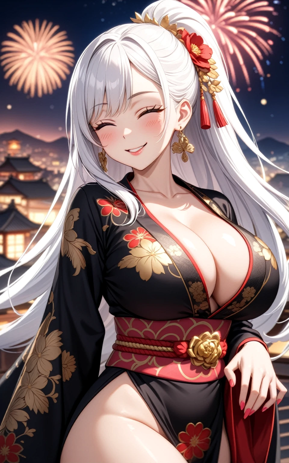 ((one personの女性)), Beautiful Face,Expressions of embarrassment and kindness,Laugh shyly,((Wink:2.0)),turn bright red,Glossy pink lips,night,Fireworks mountain((Anime style background)),masterpiece, highest quality, so beautiful, up to date, Complex details, (Pink long nails),AI-generated, Complex,High resolution, highest quality, super high quality,3D Images、View your audience、3D Images,one person,Long white hair,High Ponytail,blue eyes,Anime woman posing for a photo, [[Fine grain、Colorful eyes、Shining Eyes:1.15]],(Squint your eyes:1.1),a hyperRealistic , hyperRealistic , Realistic,Long haired white haired anime woman, Smooth anime CG art, A woman in a colorful kimono with gold embroidery, (Black kimono),Red floral pattern,Long flower hair ornament,Big earrings,(Big Breasts:1.2),Mature Body,expensive,Big Ass,Fine details,Tight waist,Abdominal muscles,(Face close-up:1.5),