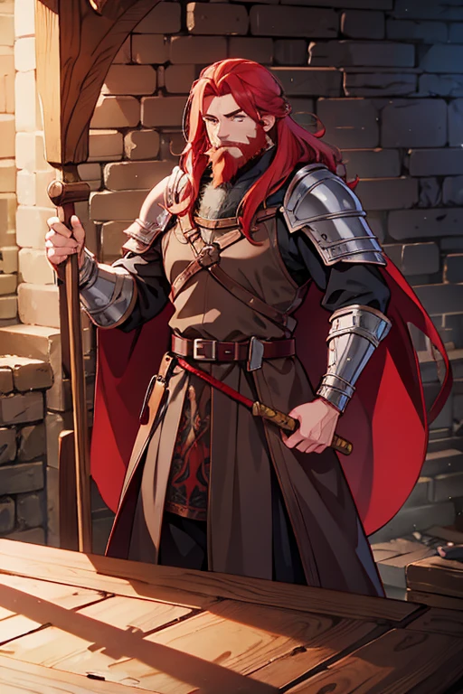 fantasy medieval warrior, in a dungeon, male beard and red hair