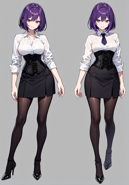 Purple hair,short hair,Adult female,(suit),Dress shirt,((Roll up your sleeves)),(Corset),(Tight skirt),(high heels),The heel is visible,((Simple background)),Smile,((Full body)),((whole body)),Character Sheet,