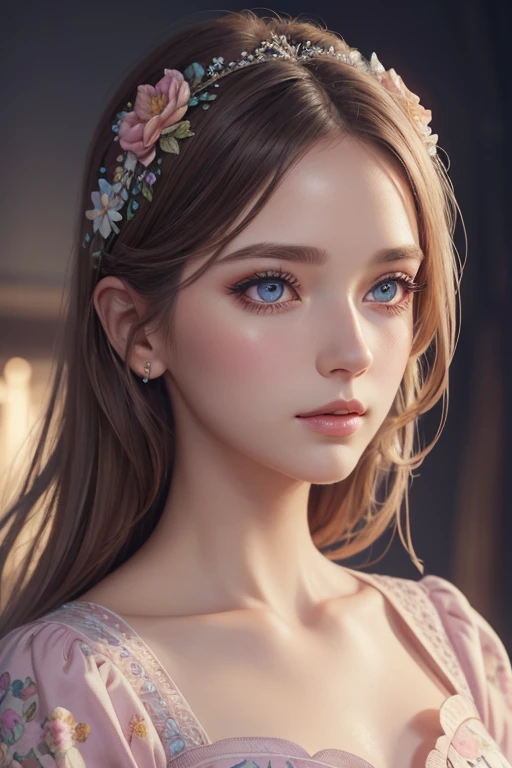 elegant girl,floral pattern dress,soft pastel colors,beautiful detailed eyes,beautiful detailed lips,extremely detailed face and features,long eyelashes,high quality,4k,8k,masterpiece,photorealistic,studio lighting,vivid colors,detailed background,fantasy art