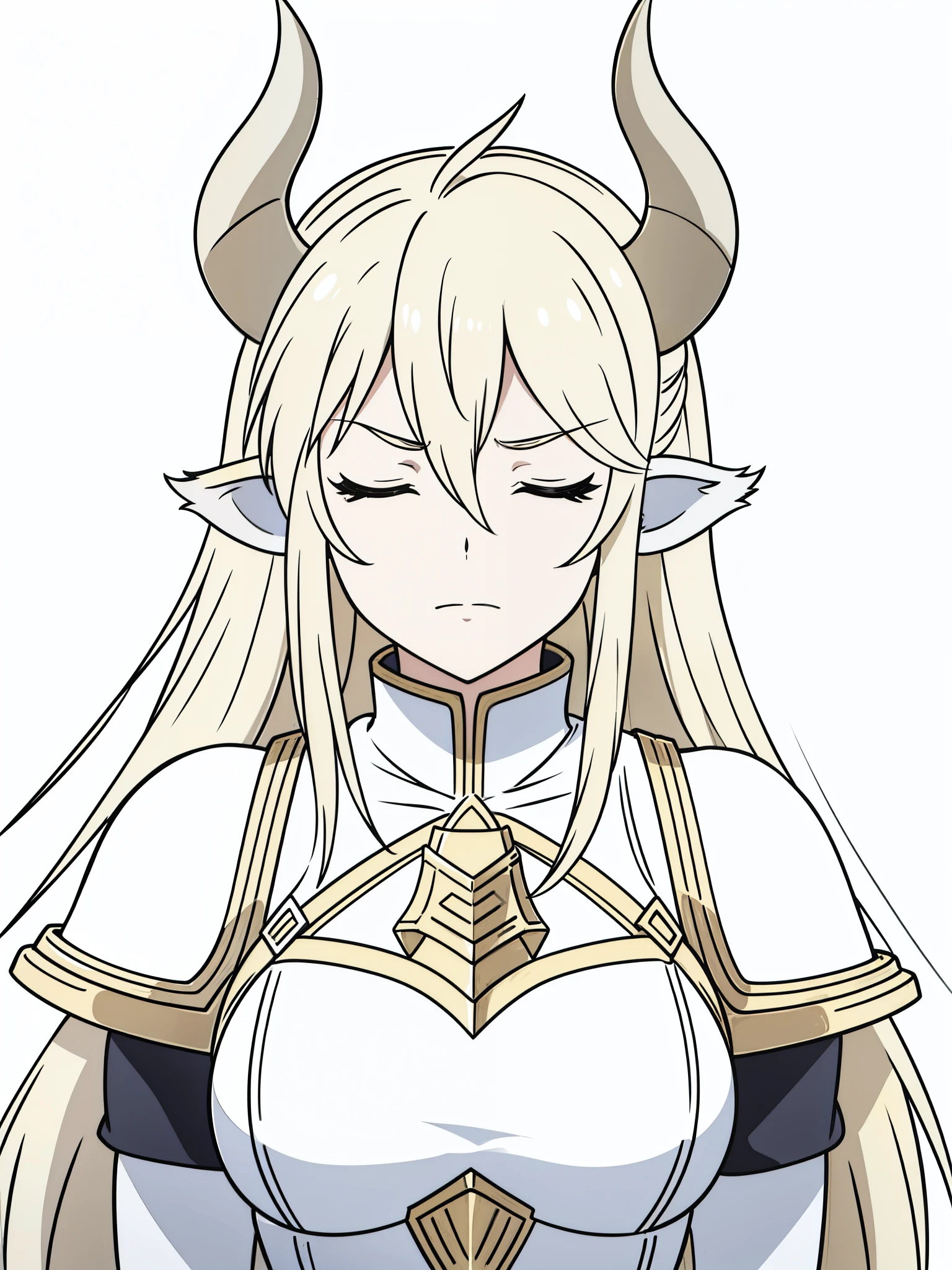 1girl,20 years old,solo,(white background,line drawing),long hair,light blond hair,horns,gold knight armor,cow ears,serious,portrait,closed eyes