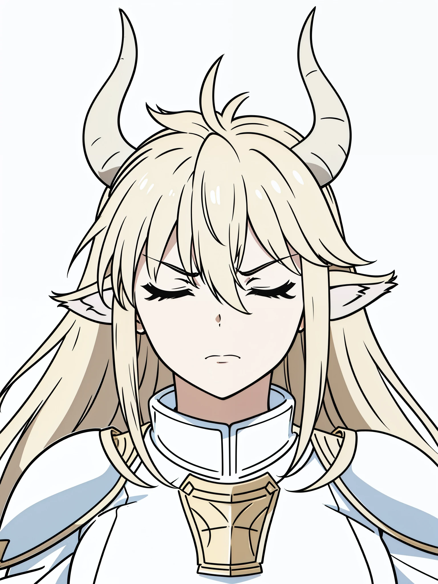 1girl,20 years old,solo,(white background,line drawing),long hair,light blond hair,horns,gold knight armor,cow ears,angry,portrait,closed eyes
