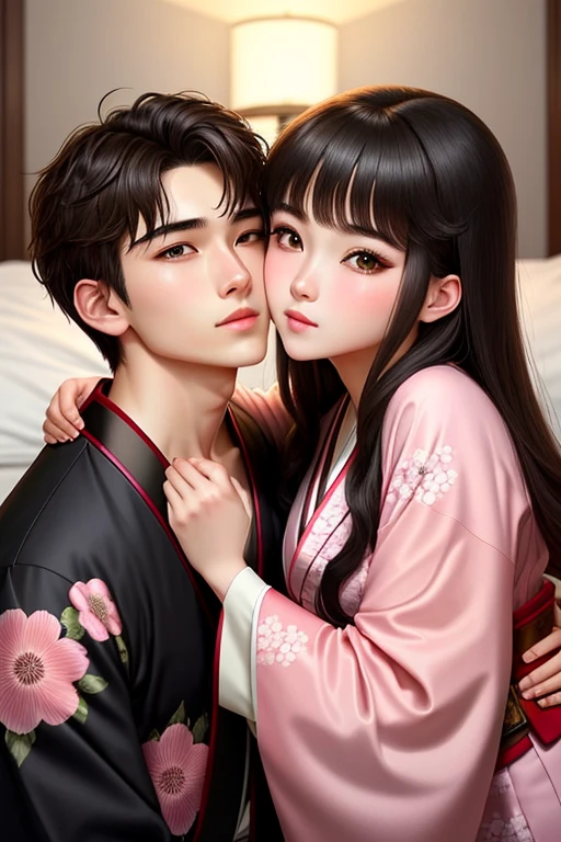 Aggressive kissing kiss on bed, staring intently to eyes. No one look at front. Hand on the face. 
20-year-old boy and 18-year-old girl and.  Detailed face, Detailed eyes, double eyelid, cute, sunny, warm vibes, Handsome-cool-warm-boy with brown hair use kimono and hot-seductive-sexy-cute-beautiful-girl with black hair and blushing face use kimono. Intimate vibes. 