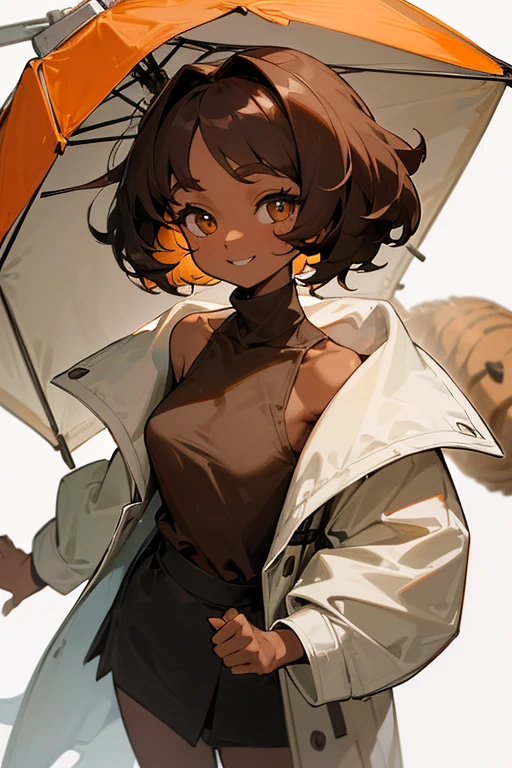 ((, Masterpiece: 1.5, best quality, high resolution: 1.3, super resolution, super detailed, ultra detailed: 1.3, Perfect Anatomy: 1.5, 1 woman) dark skin + long brown hair + honey + long eyelashes + female figure + Cocker spaniel ears (white turtleneck shirt, small sweetheart neckline, cute skirt, short fluffy coat) ((adorable open eyes, friendly smile))