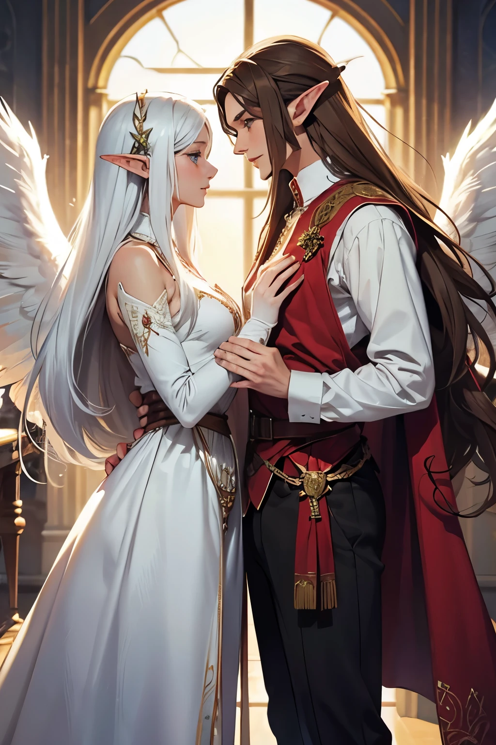 an elf couple with wings ( the woman have long white hair and the man short brown hair )