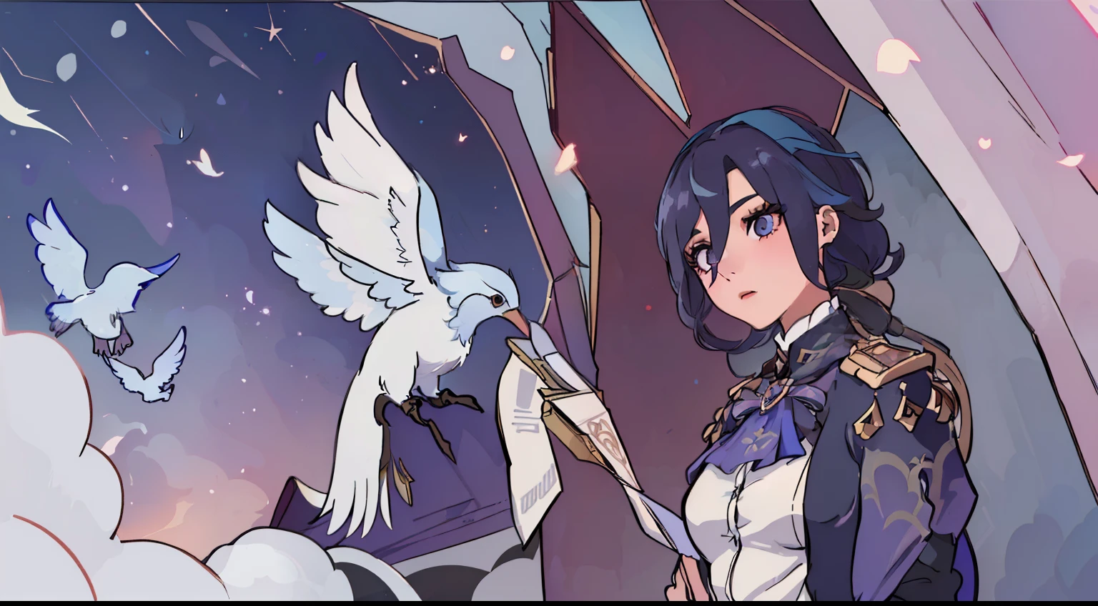 1girl, clorinde, clorinde (genshin impact), anime scene of a woman holding a bird in front of her 