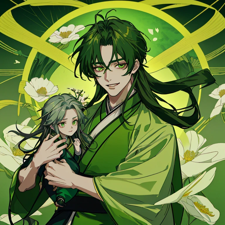 High quality man with long hair in green Hanfu smile fangs holds in his arms a boy about also in green Hanfu on a field with flowers above them green lights