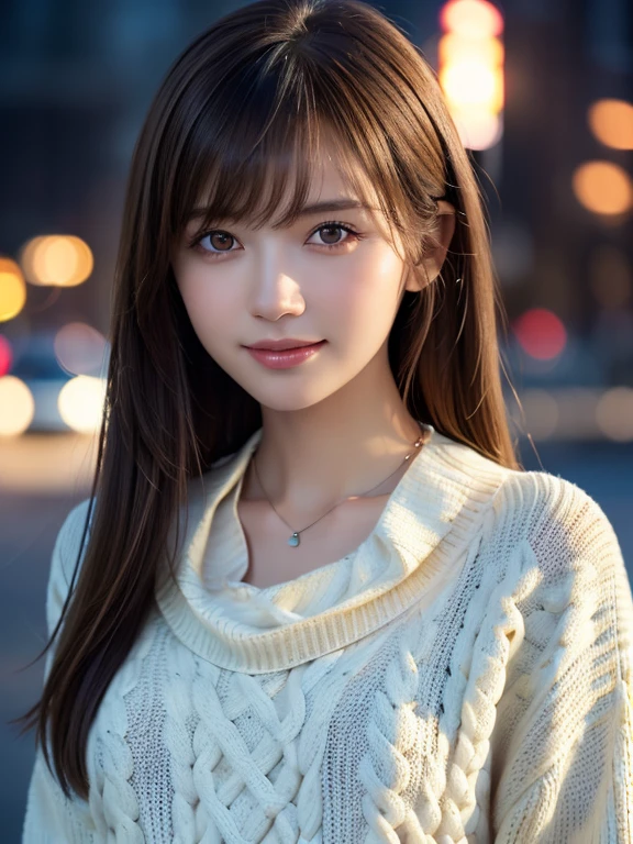 1 girl,(ivory sweater:1.4),(Necklace around the neck:1.2), (RAW Photos, highest quality), (Realistic, Photorealistic:1.4), Tabletop, Very delicate and beautiful, Very detailed, 8k wallpaper, wonderful, finely, Very detailed CG Unity, High resolution, Soft Light, Beautifully detailed 19 year old girl, Very detailed目と顔, Beautiful and detailed nose, finelyて美しい目,Cinema Lighting,City lights at night,Perfect Anatomy,Slender body,smile (Asymmetrical bangs, Light brown hair,)