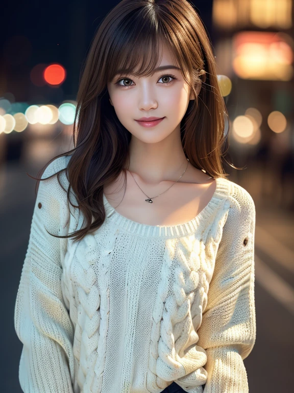 1 girl,(ivory sweater:1.4),(Necklace around the neck:1.2), (RAW Photos, highest quality), (Realistic, Photorealistic:1.4), Tabletop, Very delicate and beautiful, Very detailed, 8k wallpaper, wonderful, finely, Very detailed CG Unity, High resolution, Soft Light, Beautifully detailed 19 year old girl, Very detailed目と顔, Beautiful and detailed nose, finelyて美しい目,Cinema Lighting,City lights at night,Perfect Anatomy,Slender body,smile  (Asymmetrical bangs, Light brown hair,)