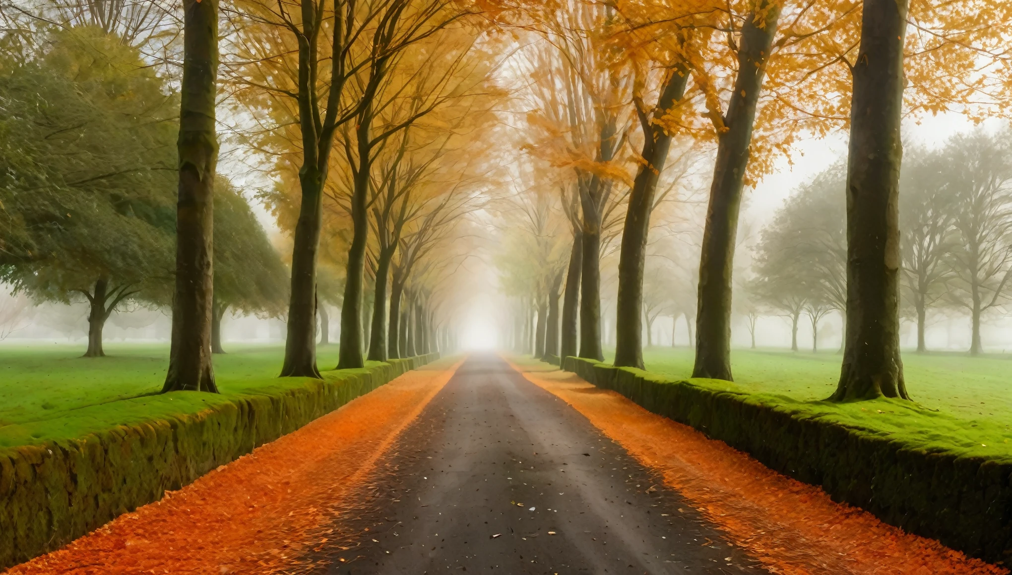 A serene, straight pathway lined with tall trees, capturing the essence of autumn. The trees on either side have dense, vibrant orange foliage creating a tunnel-like effect. The tree trunks are dark and robust, showing natural texture. The ground is covered with a light layer of fallen leaves matching the foliage color, adding to the autumn ambiance. The pathway itself is wide, with a slightly rough texture, composed of small gravel and dirt. On the right side of the image, green grass borders the path, contrasting with the orange tones of the trees. The background gradually fades into a soft mist, creating a dreamy, ethereal atmosphere. The sky is overcast, with a diffused light that enhances the colors of the leaves. The overall composition is symmetrical, with the pathway and tree line converging towards a vanishing point in the distance.