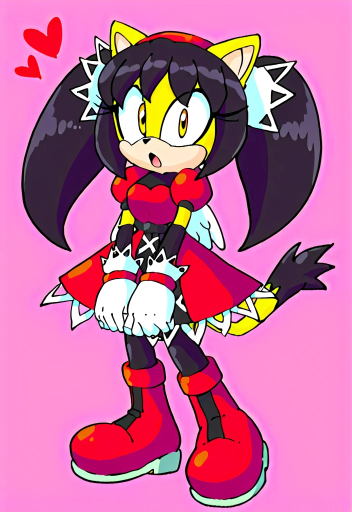 score_9, score_8_up, 2D, flat color, a plain white background with nothing in it, looking at viewer, 1girl, very detailed, extremely detailed, honey the cat from the sonic the hedgehog series, standing, full body, wide hips, narrow waist, curvy, red dress, frilly hair ties, shocked expression, open mout, open hands, wide eyes, black hair, twin tails hair, short red dress with a white trim, heart-shaped part in clothes, heart-shaped part in cloth, red boots whit white cuffs, red headband, white gloves white red cuffs, black stockings