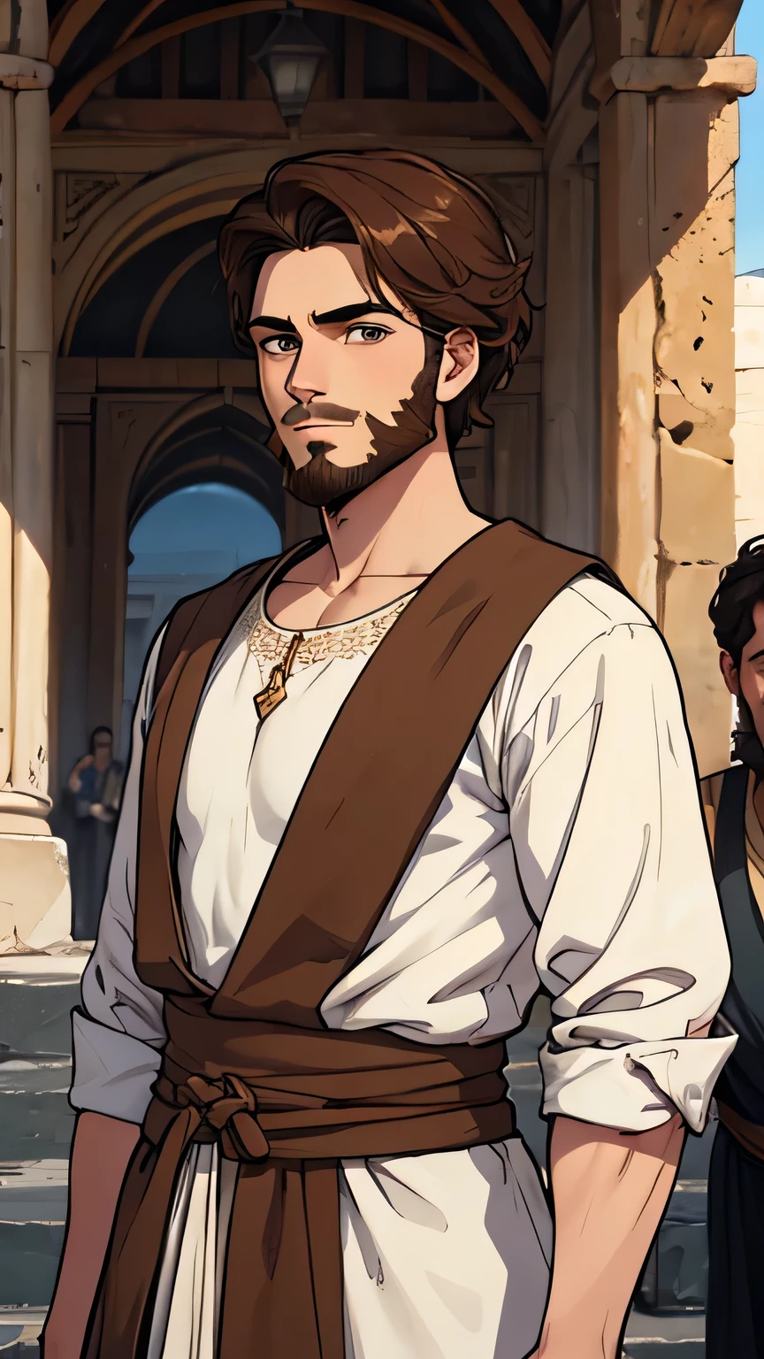 young Greek man, clothing from the 1st century AD, citizen's clothing, with brown hair beard and well-defined face,