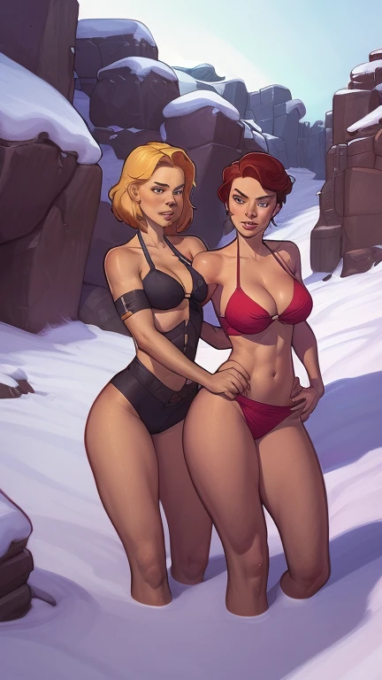 a cartoon of two women in bikinis standing in the snow, artgerm e lois van baarle, Lois van Baarle e Rossdraws, zenoscope, artgerm e genzoman, quadrinhos artgerm, J.. Scott Campbell, J. Scott Campbell, artgerm e rossdraws, artgerm and J.. Dickenson