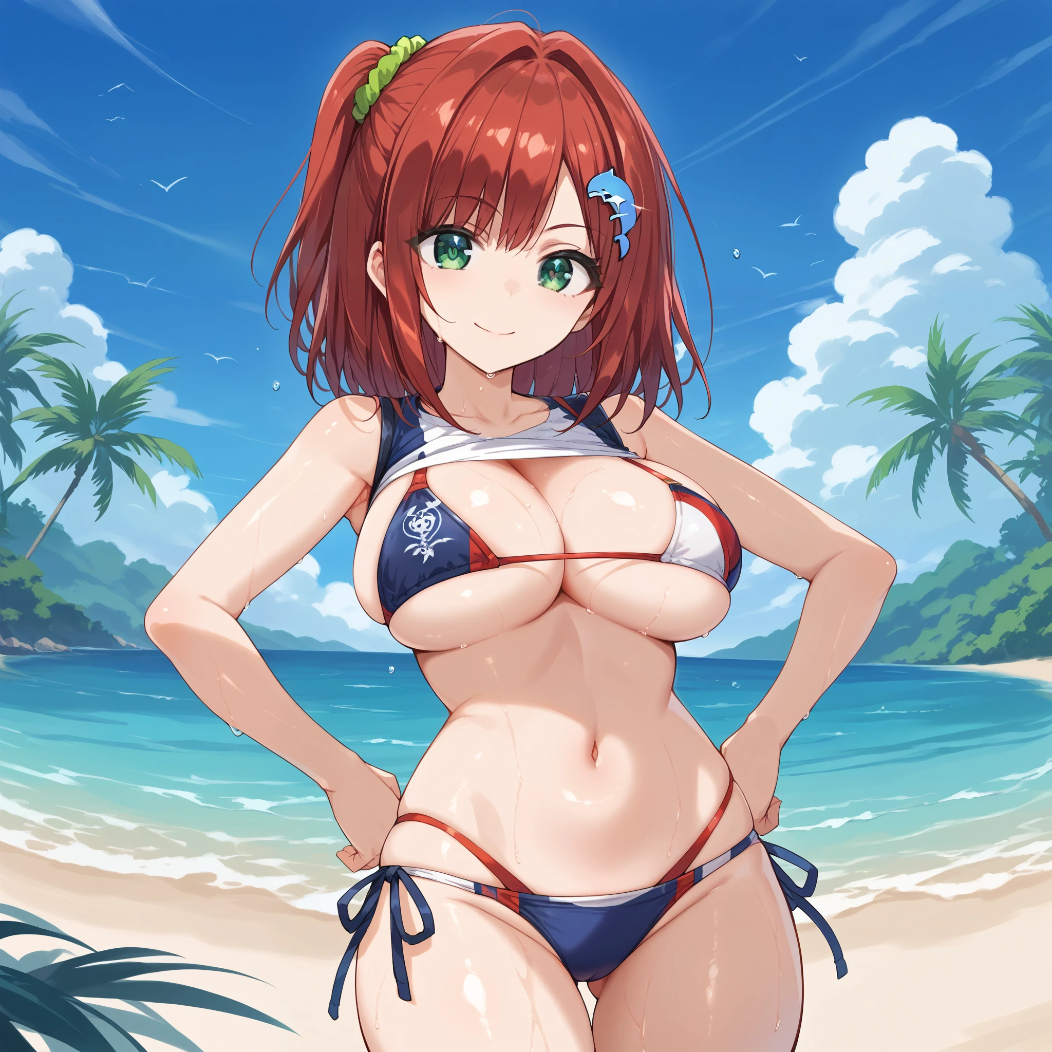 score_9, score_8_up, score_7_up, source_anime, sakimiya iruka, red hair, (green eyes, one side up), medium hair, green scrunchie, hair ornament, shiny skin, rating_questionable, large breasts, large ass, bandaid bikini, smile, wet, standing in honor, hands on hip