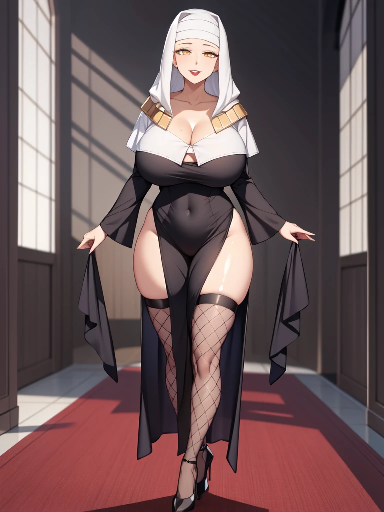 (masterpiece:1.2), aesthetic, best quality, high resolution, unity 8k wallpaper, (illustration), extremely detailed face, perfect lighting, extremely detailed CG, (beautiful detailed eyes:1.2), 1girl, solo, KIARA, nun, habit, Double eyelids, golden eyes,  beautiful nose, beautiful nostrils, dark red lipstick, black dress, standing, slender, curvy, Neck, collarbone, cleavage, saggy huge breasts, full body shot, church, Thigh slits, Fishnet tights, crimson stiletto heels, looking at viewer, mature woman, pervert smile, Giggling creepily, Dutch angle, from directly below, perfect anatomy, ideal facial features, ideally proportioned figure, perfectly beautiful body, honey-colored glistening skin, super detailed skin, glossy skin, incredibly absurd res, absolutely resolution, ultra high res