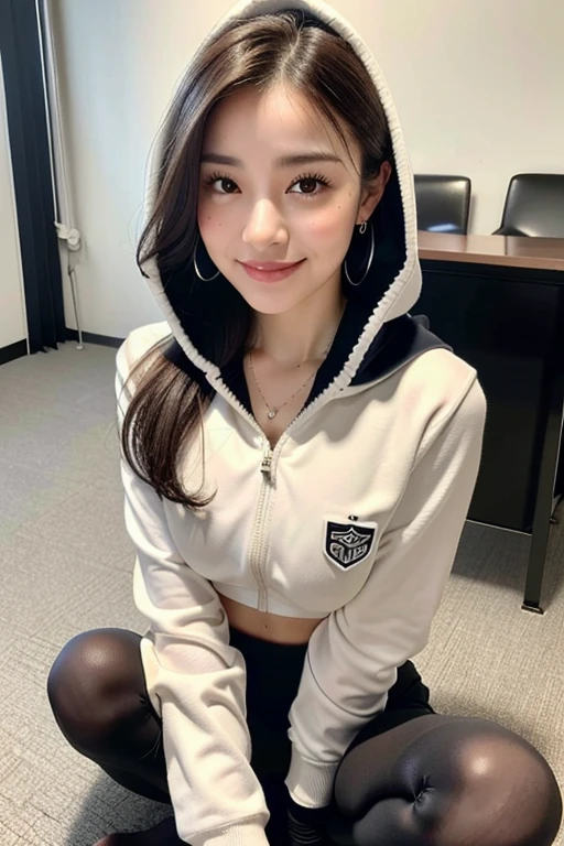 (High ponytail hairstyles, Wavy Hair, Dark brown hair), (Wearing a white business suit:1.3), (black tights:1.3), (Wear a lightweight hood:1.3), (A pure and elegant girl), Medium large breasts, (sitting on desk), (Cross-legged:1.3), (In the school classroom:1.2), (A shy smile:1.2), ((Full Body Shot:1.2)), (Instagram selfie poses:1.2), (highest quality, 8k, masterpiece: 1.3), RAW Photos, Realistic, photoRealistic, Waistline, Beautiful feet, Accurate, Anatomically correct, Highly detailed face and skin texture, Fine grain, double eyelid, Natural Cheeks, Wet eyes, Shiny little necklace and earrings, Glossy lips:1.4, Waistline, Beautiful feet,