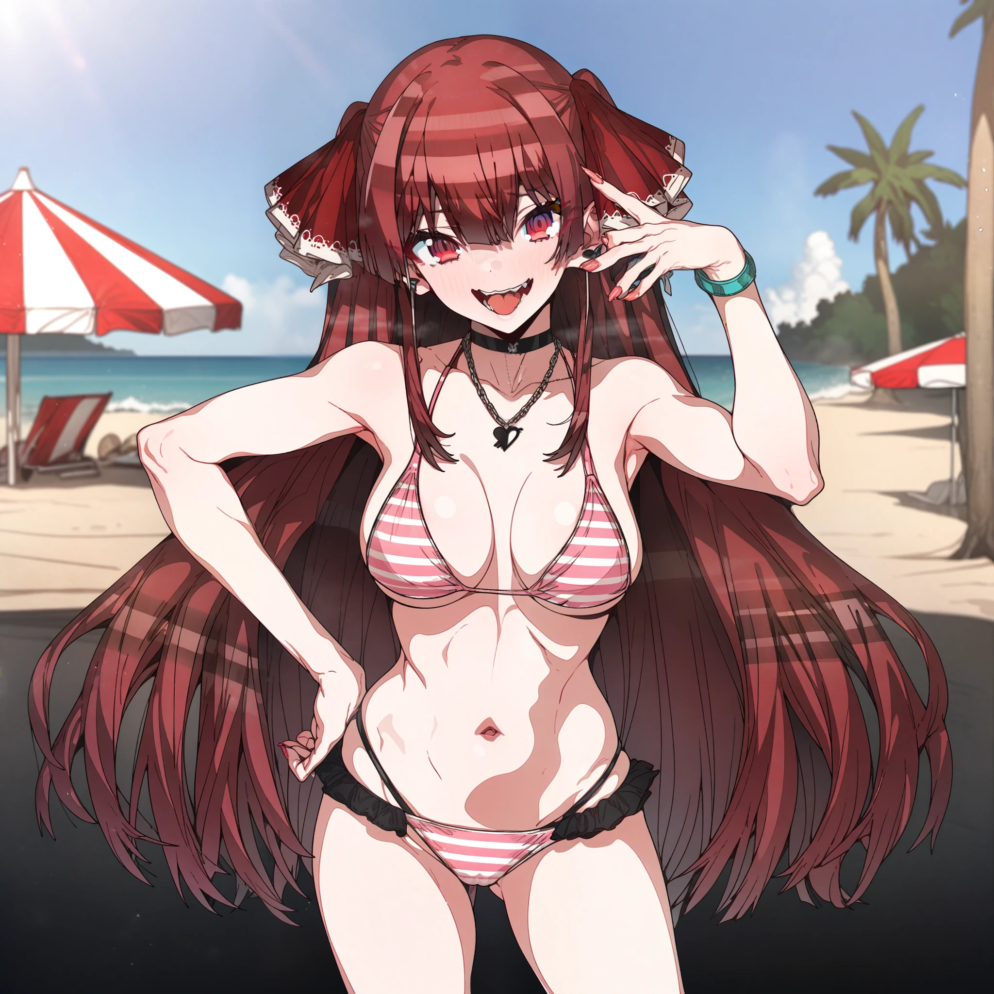 houshou_marine, Artist, erere, Copyrights, idolmaster, idolmaster_shiny_colors, Character, General, 1girl, red_hair, blunt_bangs, blush, large_breasts, breasts, smile, red_eyes, censored, long_hair, striped bikini, pink_bikini, frilled_bikini, navel, open_mouth, raised_eyebrows, teeth, two_side_up, (full_body), (standing in middle, beach_umbrella in background), sky, [detailed, sand, outdoors], looking_at_viewer, facing_viewer, masterpiece, best_quality, great_quality, girl, solo, center_composition, centered character, hand_on_own_hip:1, pose 
