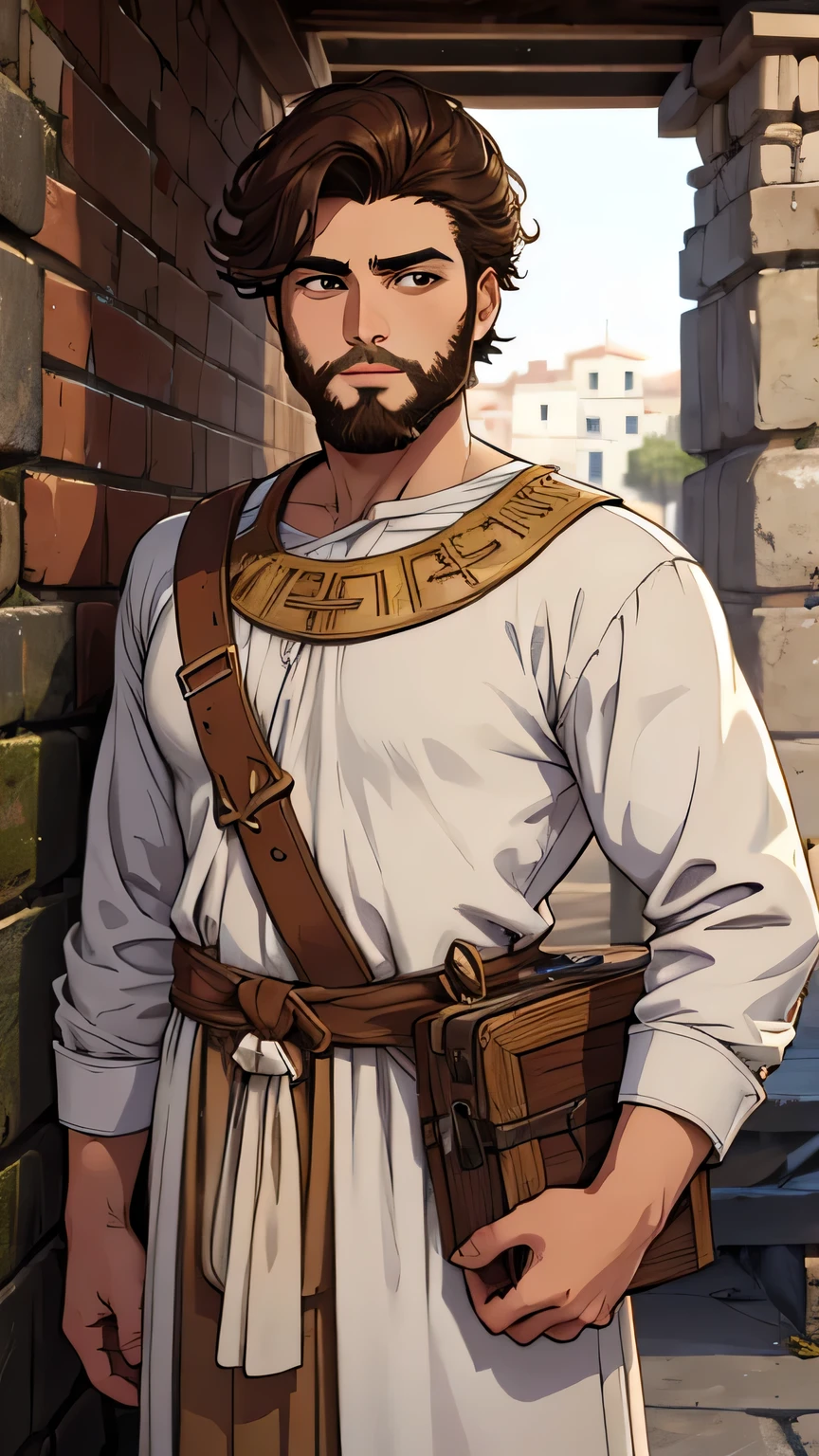 young Greek man, clothing from the 1st century AD, citizen's clothing, with brown hair beard and well-defined face,