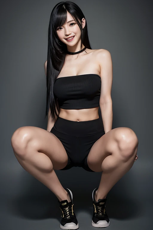 Tifa Lockhart in Final Fantasy remake woman, very long hair, black hair, straight hair, thick flat bangs hair, sexy woman, military, smiling, single woman, large breasts, tight camouflage strapless tube top, tight short pants, black shoes, sexy pose hot, barbershop salon place