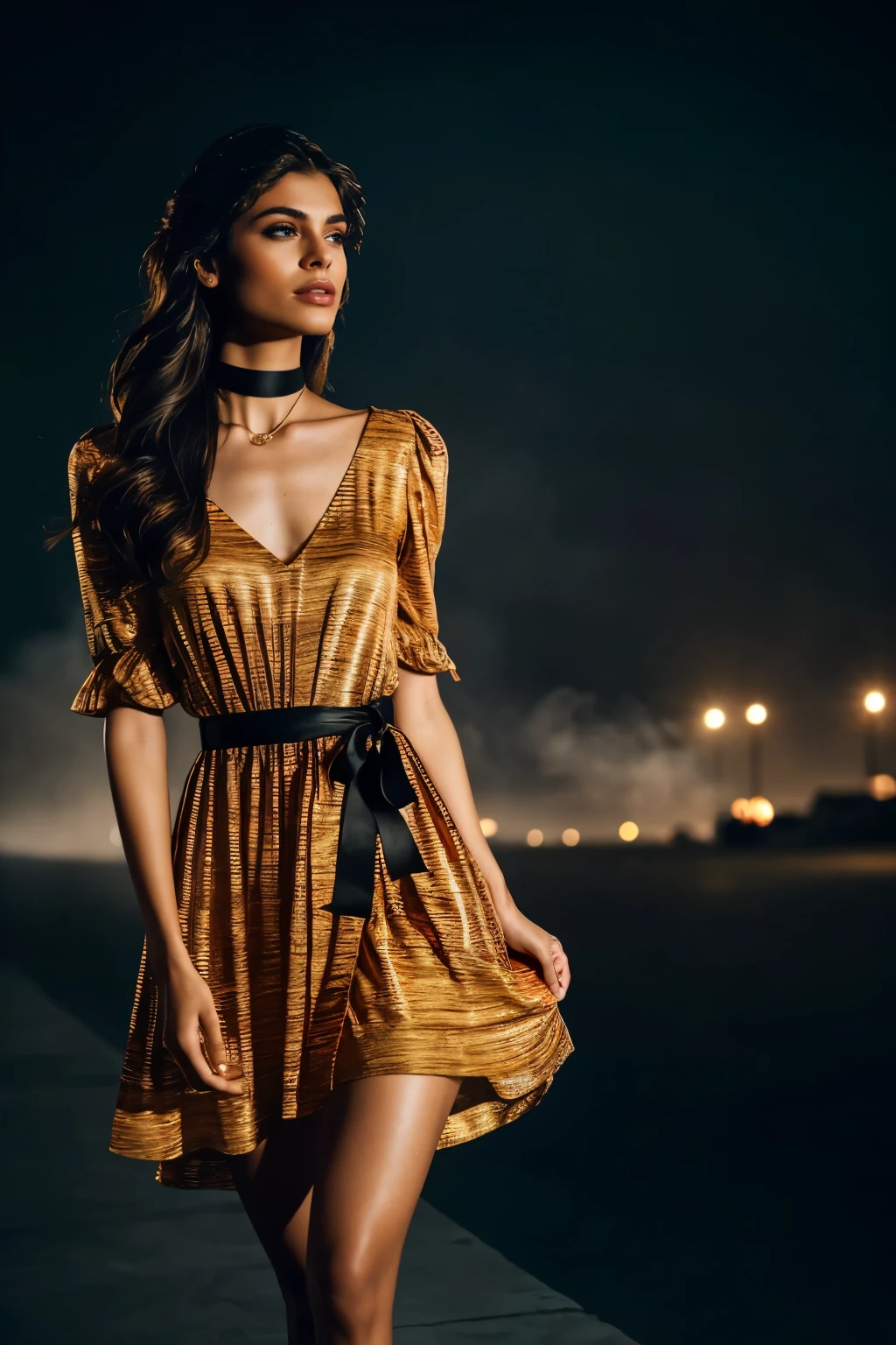In this photograph, an Indian Instagram female model in her mid-20s takes center stage. , (highly detailed face:1.4) (smile:0.7) (backround 5 star hotel , moody, private study:1.OV, by lee jeffries, nikon d850, film stock photograph ,4 kodak portra 400 ,camera f1.6 lens ,rich colors ,hyper realistic ,lifelike texture, dramatic lighting , cinestill 800, realistic, wearing stripes of orange and black combination dobby weave self design fit & flare dress Sweetheart neck Short, puff sleeve Tie-up detail on back Above knee length in flounce hem Attached Lining Chiffon fabric, actress, karla ortiz, posing!!, candid picture, by Max Dauthendey,Completing the aesthetic, the model wears a slave collar with a chain around her neck. The photograph is meticulously captured in 8K resolution using cutting-edge techniques such as Cinema 4D and Octane Render, resulting in a highly detailed and photorealistic image. Studio lighting, HDR, and a smoky mist create a captivating ambiance, while the bokeh effect adds an artistic touch.
