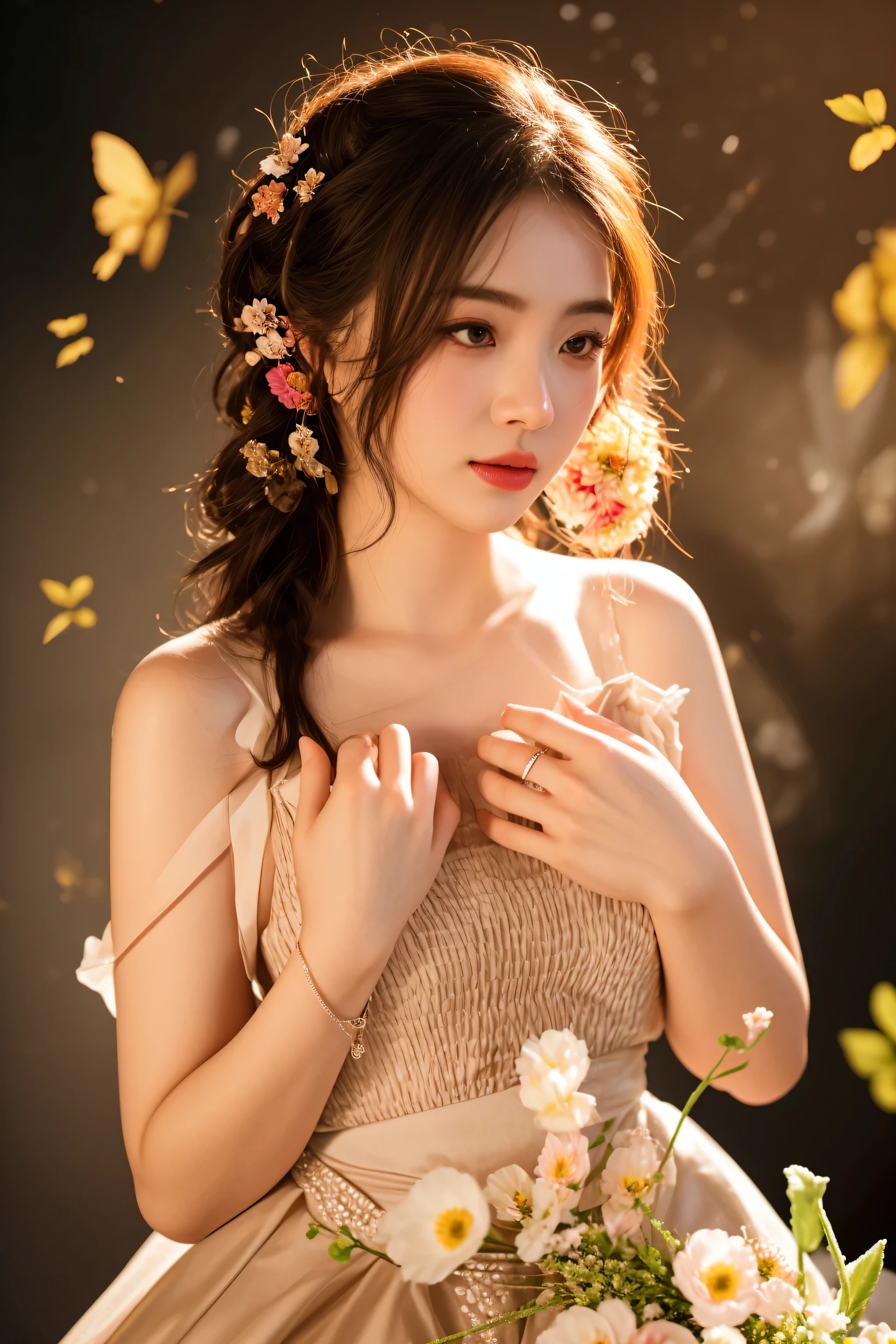 there is a woman in a dress holding a bouquet of flowers, captured on canon eos r 6, sha xi, inspired by Huang Ji, photo taken with nikon d 7 5 0, shot with canon eoa 6 d mark ii, photo taken with nikon d750, shot on canon eos r5, shot on canon eos r 5, fantasy photoshoot