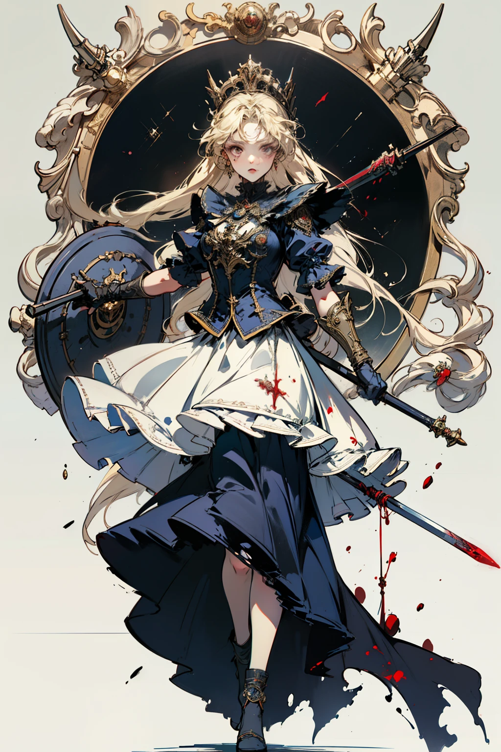 ((best quality)), ((masterpiece)), (detailed), blank white background, plain background, white background, Bloodborne inspired, occult aesthetic, occult, detailed and intricate steampunk and detailed gothic, (zentangle, mandala, tangle, entangle), NSFW, torn clothing, Very dramatic and cinematic lighting, cosmic horror, grim-dark, side-lighting, perfect face, a beautiful goddess adorned and enshrined in armour, Bloodborne inspired , occult aesthetic , occult , detailed and intricate steampunk and detailed gothic , wielding a sword and holding a shield, NSFW, Fluttering lace flared long knee length dress with frilly petticoats, knee length dress, pleated petticoats, ta dress, petticoats gothic loliside-lighting, gothic lolita aetic, beautiful small breasts, small breasts, full body, whole body, body, plain background, white background, blank background, no background, white background NSFW, full body, whole body, head-to-toe