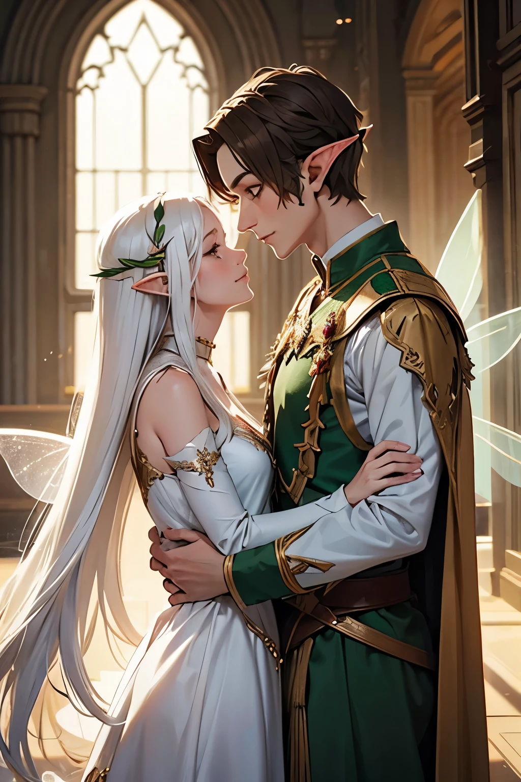 an elf couple both with fairy wings , the woman have long white hair and the man short brown hair 
