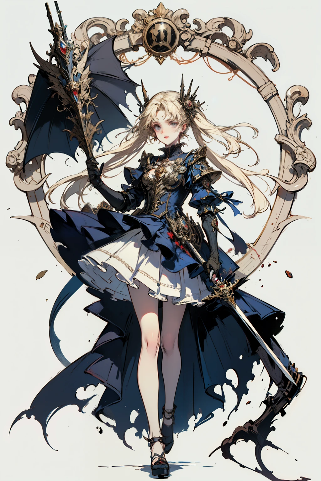 ((best quality)), ((masterpiece)), (detailed), blank white background, plain background, white background, Bloodborne inspired, occult aesthetic, occult, detailed and intricate steampunk and detailed gothic, (zentangle, mandala, tangle, entangle), NSFW, torn clothing, Very dramatic and cinematic lighting, cosmic horror, grim-dark, side-lighting, perfect face, a beautiful goddess adorned and enshrined in armour, Bloodborne inspired , occult aesthetic , occult , detailed and intricate steampunk and detailed gothic , wielding a sword and holding a shield, NSFW, Fluttering lace flared long knee length dress with frilly petticoats, knee length dress, pleated petticoats, lolita dress, petticoats gothic lolita, side-lighting, gothic lolita aesthetic, beautiful small breasts, small breasts, full body, whole body, body, plain background, white background, blank background, no background, white background NSFW, full body, whole body, head-to-toe