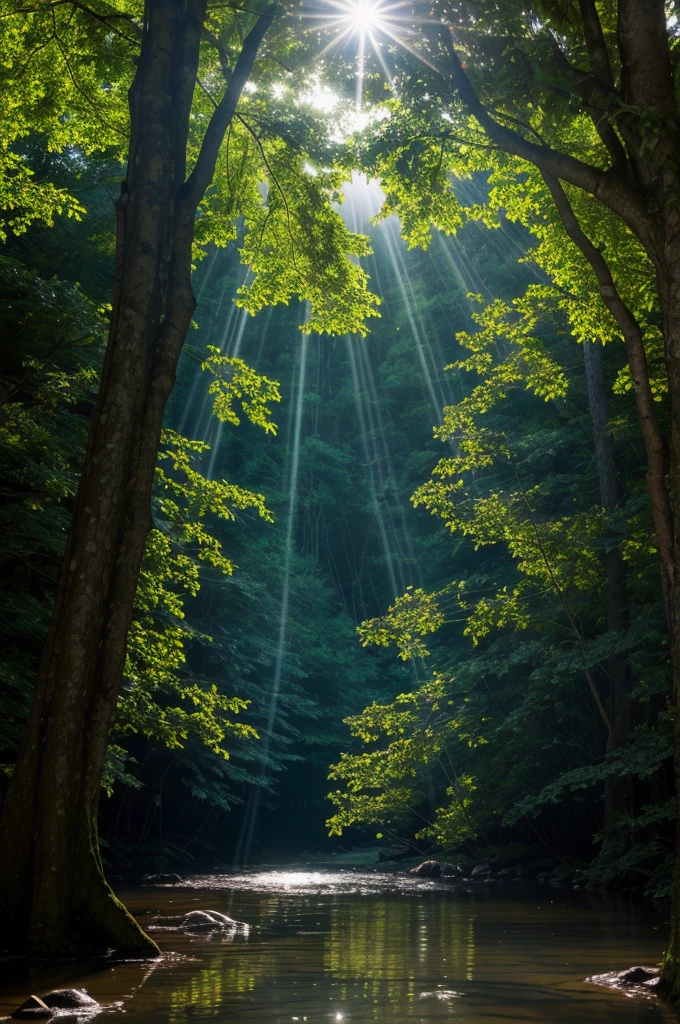 Create an image of a dense forest scene, where sunlight filters through the canopy of leaves, casting a soft, hazy glow. Amidst the trees, show a clear stream or creek running through the forest floor. Suspended in the air and floating just above the water's surface, depict tiny particles of dust and pollen, illuminated by the sunlight. These particles scatter the sunlight, creating visible beams of light that pierce through the trees and reflect off the water, showcasing the Tyndall Effect in action.