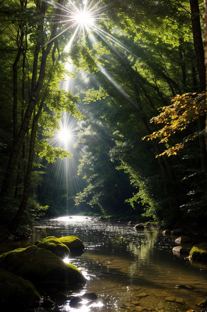 Create an image of a dense forest scene, where sunlight filters through the canopy of leaves, casting a soft, hazy glow. Amidst the trees, show a clear stream or creek running through the forest floor. Suspended in the air and floating just above the water's surface, depict tiny particles of dust and pollen, illuminated by the sunlight. These particles scatter the sunlight, creating visible beams of light that pierce through the trees and reflect off the water, showcasing the Tyndall Effect in action.