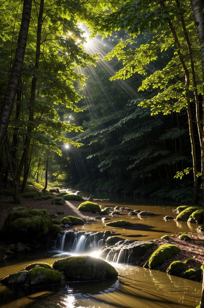 Create an image of a dense forest scene, where sunlight filters through the canopy of leaves, casting a soft, hazy glow. Amidst the trees, show a clear stream or creek running through the forest floor. Suspended in the air and floating just above the water's surface, depict tiny particles of dust and pollen, illuminated by the sunlight. These particles scatter the sunlight, creating visible beams of light that pierce through the trees and reflect off the water, showcasing the Tyndall Effect in action.