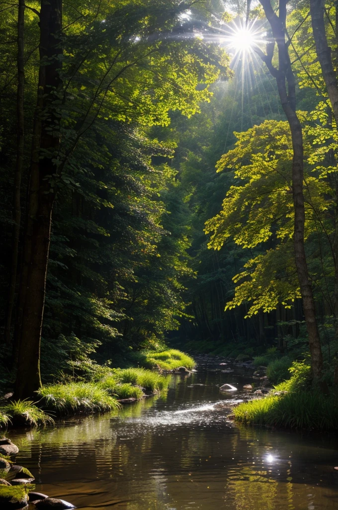 Create an image of a dense forest scene, where sunlight filters through the canopy of leaves, casting a soft, hazy glow. Amidst the trees, show a clear stream or creek running through the forest floor. Suspended in the air and floating just above the water's surface, depict tiny particles of dust and pollen, illuminated by the sunlight. These particles scatter the sunlight, creating visible beams of light that pierce through the trees and reflect off the water, showcasing the Tyndall Effect in action.