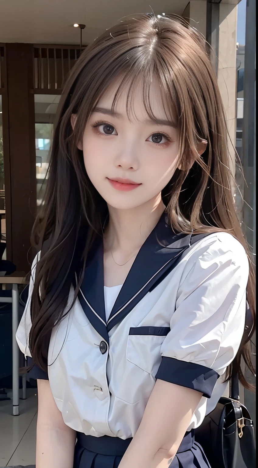 bright expression、Foto realism、top-quality、超A high resolution、A picture、The most beautiful photos of Nordic girls、Detailed cute and beautiful face、a small face、(PureErosFace_V1:0.008)、beautiful bangs、alice in the wonderland、young 17 years old、shiny white shiny skin、poneyTail、Bangs that extend to the face、By bangs、Hair between the eyes、Super long hair、Attractive platinum blonde hair is extra-long silky hair、finer hair、Charming glowing beauty bright clear clear light blue big eyes、Nipples,Are thin,School uniforms、Student clothes、eyes liner、Double eyelids、crisp breasts