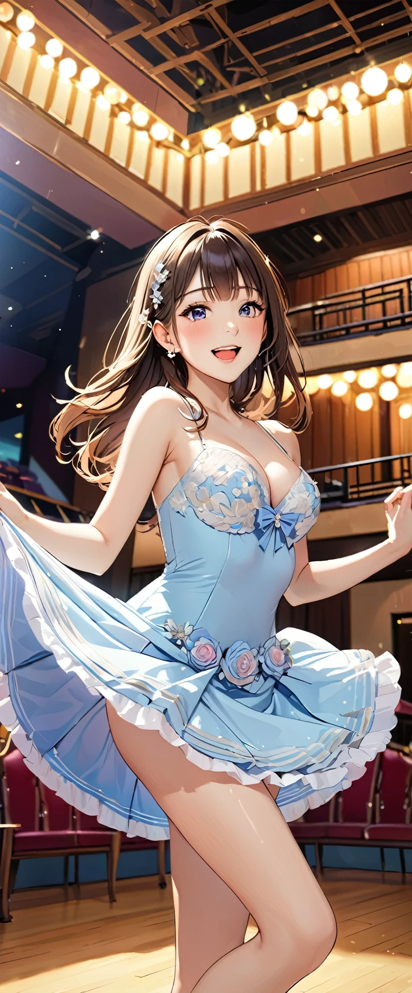 woman,20-year-old,, venue,morning,(((sexy dress with decorations))),,open mouth smile((Pose with movement)),blush、,((lift up skirt)),