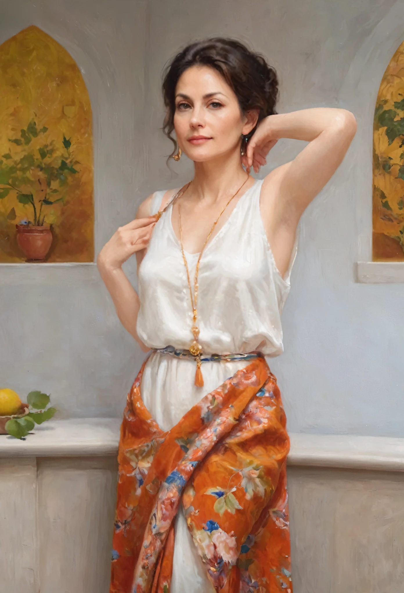 portrait painting of a woman, highly detailed, intricate details, perfect hands and fingers, beautiful charming figure, 45 years old, beautiful armpits, oil painting, acrylic painting, 