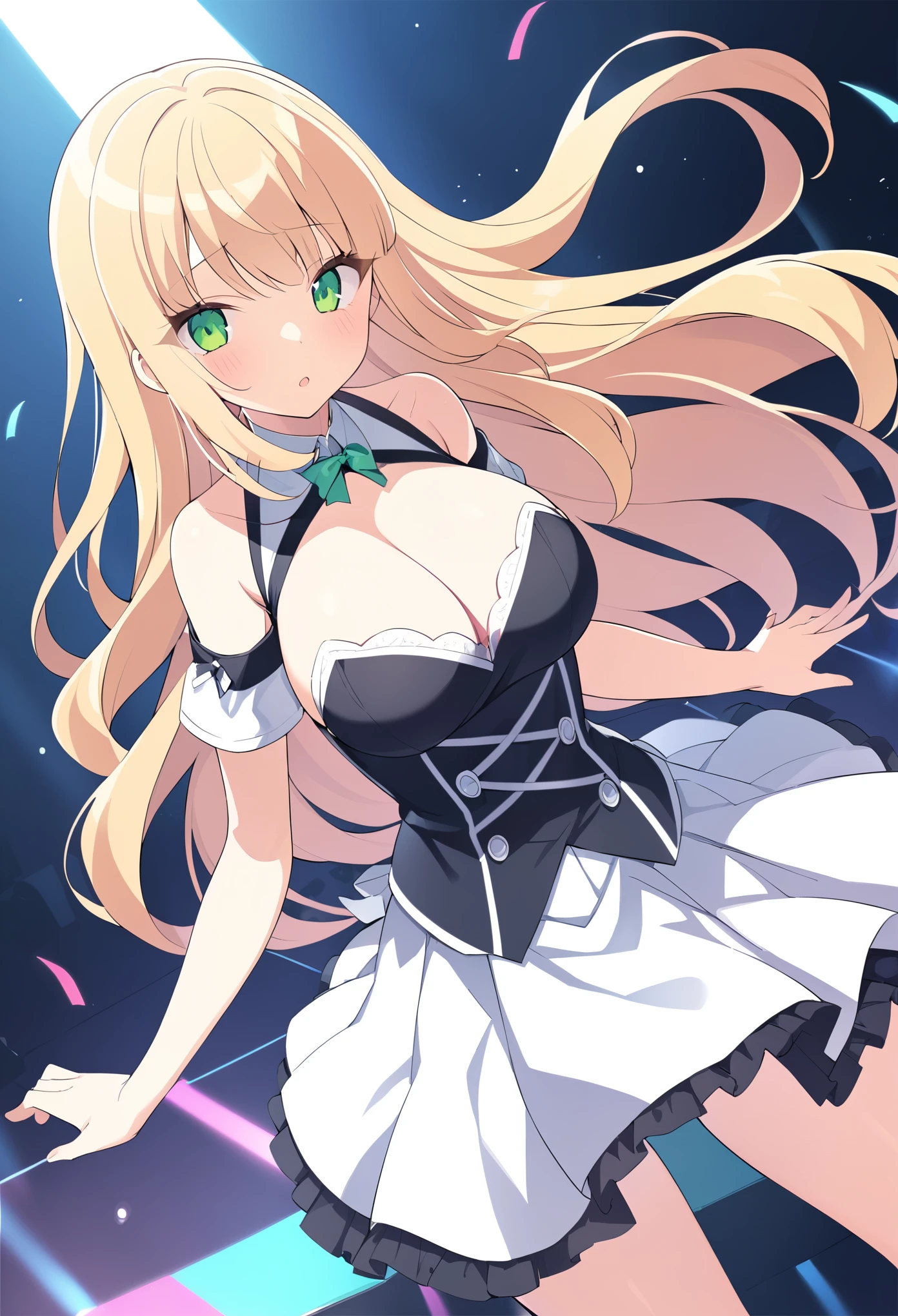 blonde hair, green eyes, long hair,, large breasts,, Live Stage, solo