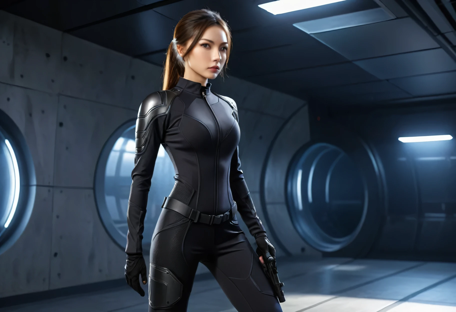 Mysterious Spy Girl in Tight Combat Suit, Modern Spy skin-tight suit made of nano fiber, high technology, mysterious atmosphere, spy gear, slender athletic body, spy movie, active scene, clear, detailed