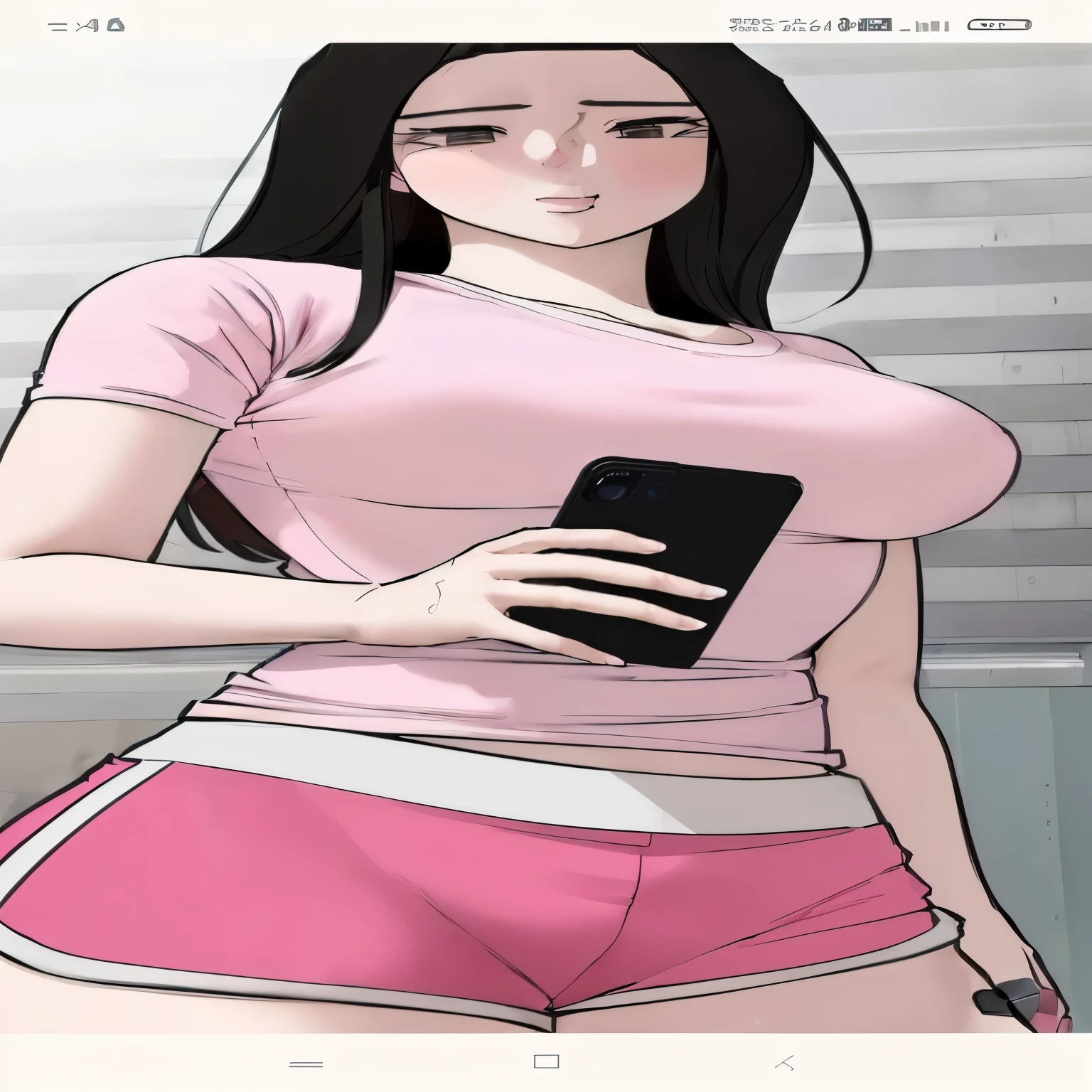 anime girl in pink shirt holding a cell phone in her hand, (sfw) safe for work, oppai, revealing clothes, thicc, she is holding a smartphone, touching her clothes, upper body close up, realistic shaded perfect body, cell shaded adult animation, extremely high detail!!, realistic anime 3 d style, she has a jiggly fat round belly, naked