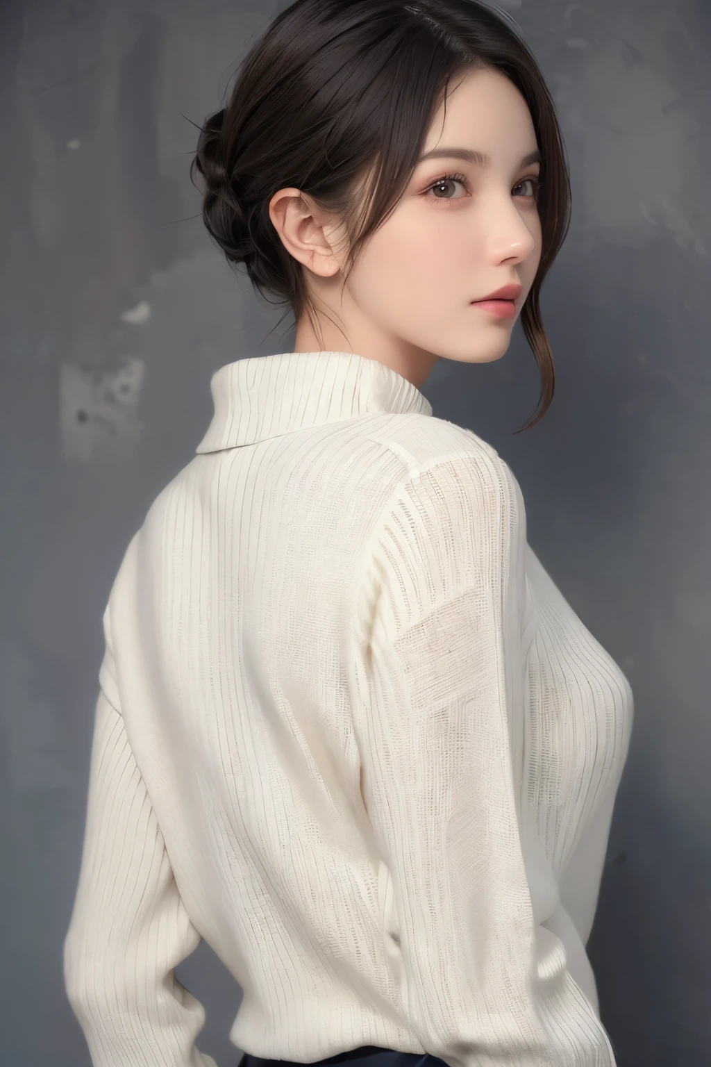 (masterpiece:1.3), (8k, lifelike, original photo, best quality: 1.4), (1 girl), pretty face, (lifelike face), (black hair, short hair:1.3), beautiful hairstyle, Lifelike eyes, Beautiful and delicate eyes, (lifelike skin), Beautiful skin, (sweater), Ridiculous, attractive, ultra high resolution, Surreal, Very detailed, golden ratio，whole body，slim waist，raised buttocks，