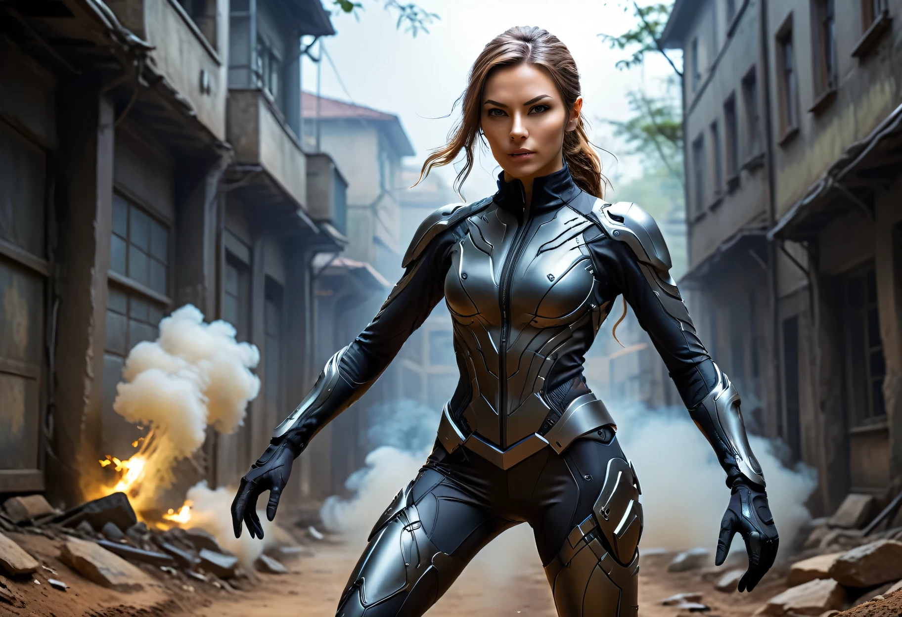 Mysterious Spy Girl in Tight Combat Suit, Modern Spy skin-tight suit made of nano fiber, high technology, mysterious atmosphere, spy gear, slender athletic body, spy movie, active scene, clear, detailed