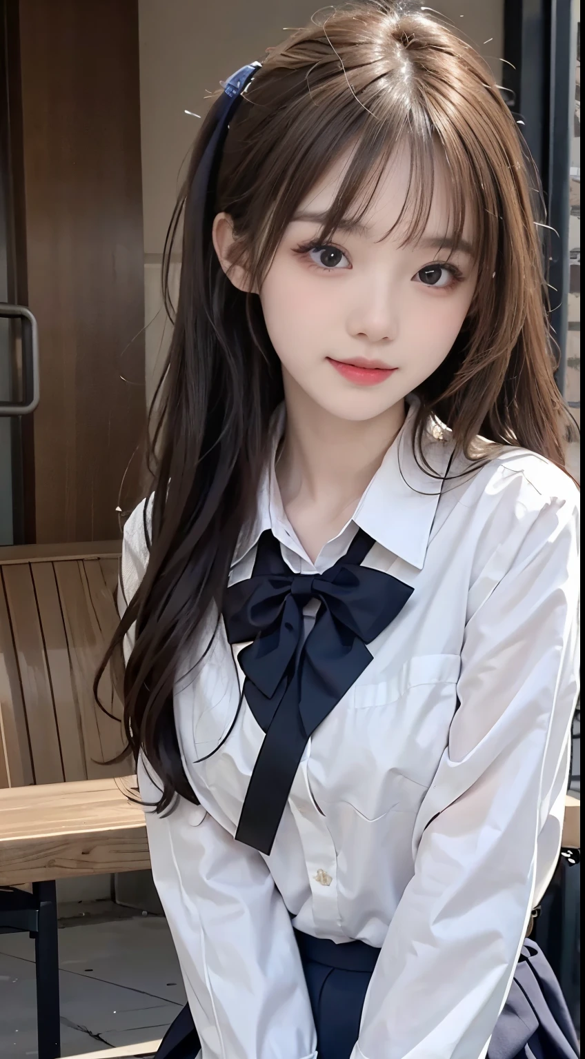 bright expression、Foto realism、top-quality、超A high resolution、A picture、The most beautiful photos of Nordic girls、Detailed cute and beautiful face、a small face、(PureErosFace_V1:0.008)、beautiful bangs、alice in the wonderland、young 17 years old、shiny white shiny skin、poneyTail、Bangs that extend to the face、By bangs、Hair between the eyes、Super long hair、Attractive platinum blonde hair is extra-long silky hair、finer hair、Charming glowing beauty bright clear clear light blue big eyes、Nipples,Are thin,School uniforms、Student clothes、eyes liner、Double eyelids、crisp breasts