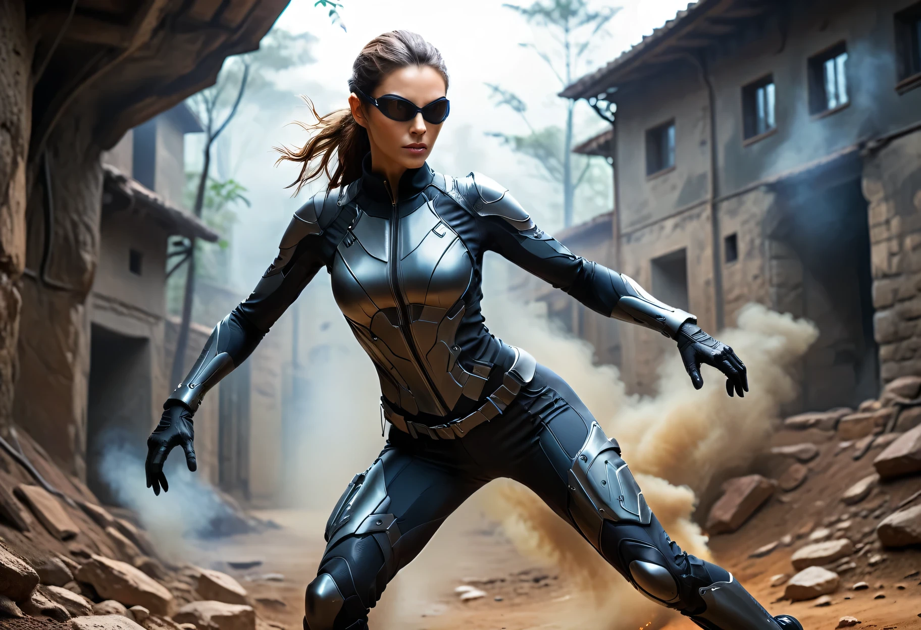 Mysterious Spy Girl in Tight Combat Suit, Modern Spy skin-tight suit made of nano fiber, high technology, mysterious atmosphere, spy gear, slender athletic body, spy movie, active scene, clear, detailed