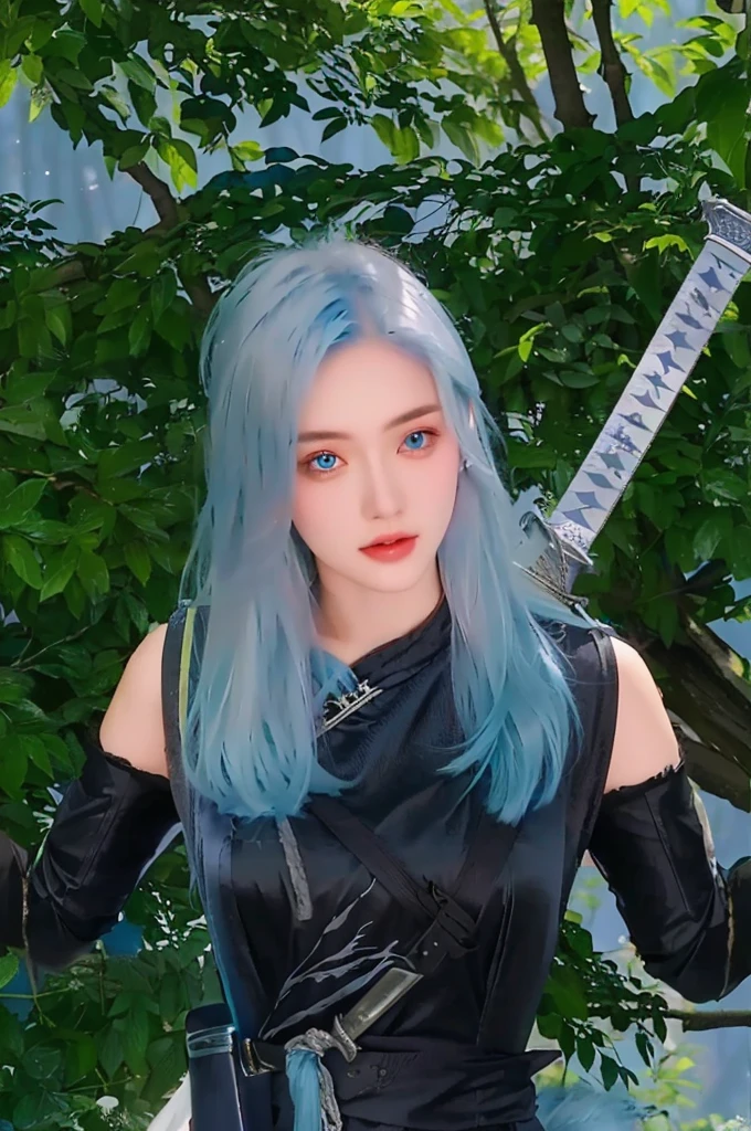 there is a woman with blue hair holding a sword in a forest, realistic