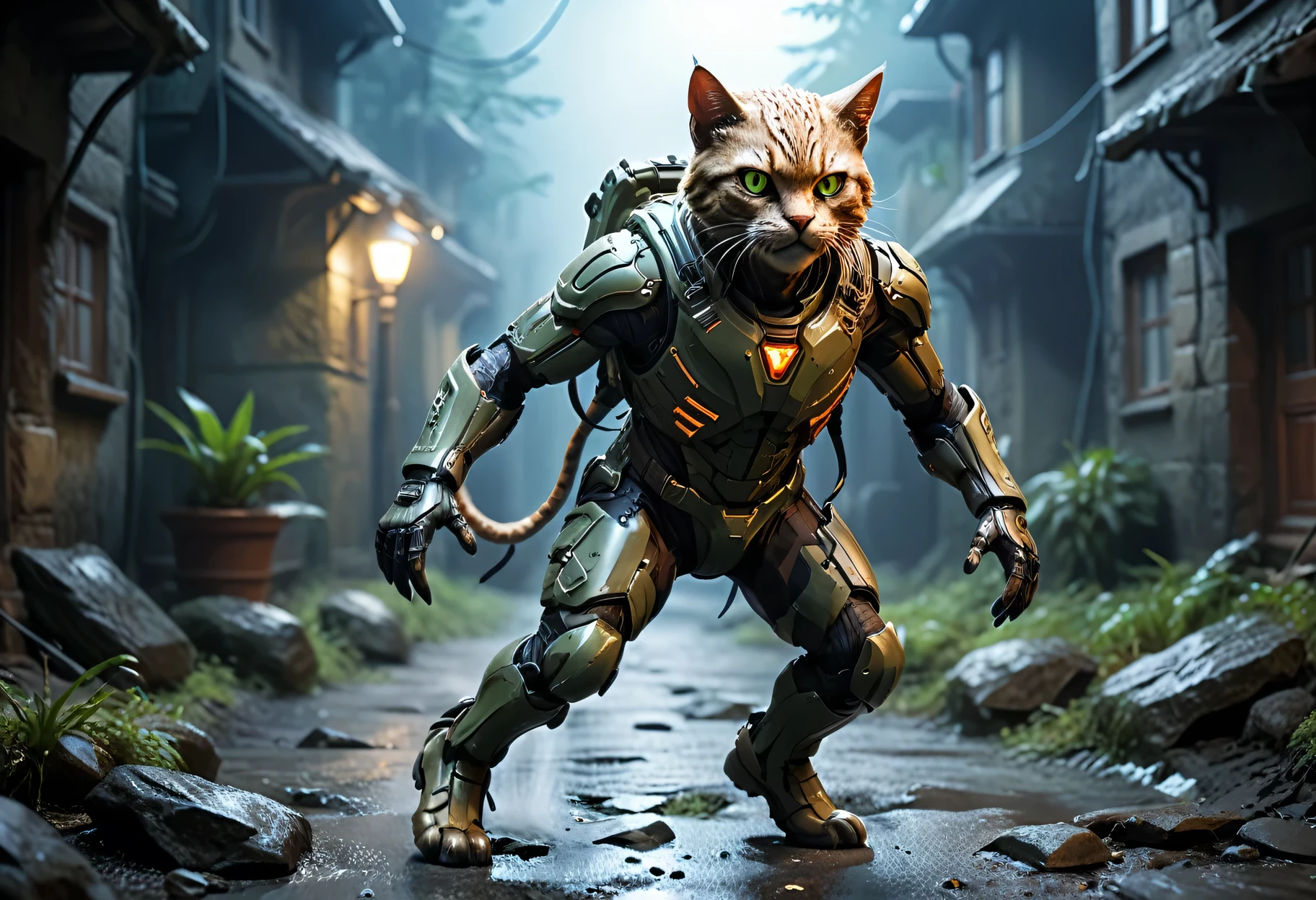 Anthropomorphic Humanoid Spy Cat in Tight Combat Suit, mysterious atmosphere, Night Vision device, slim athletic body, spy movie, active scene, clear, detailed