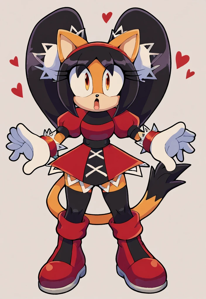 score_9, score_8_up, 2D, flat color, a plain white background with nothing in it, looking at viewer, 1girl, very detailed, extremely detailed, honey the cat from the sonic the hedgehog series, standing, full body, wide hips, narrow waist, curvy, red dress, frilly hair ties, shocked expression, open mout, open hands, wide eyes, black hair, twin tails hair, short red dress with a white trim, heart-shaped part in clothes, heart-shaped part in cloth, red boots whit white cuffs, red headband, white gloves white red cuffs, black stockings