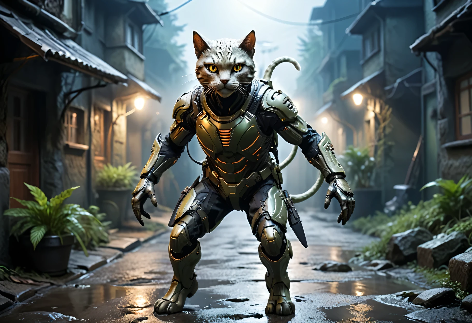 Anthropomorphic Humanoid Spy Cat in Tight Combat Suit, mysterious atmosphere, Night Vision device, slim athletic body, spy movie, active scene, clear, detailed